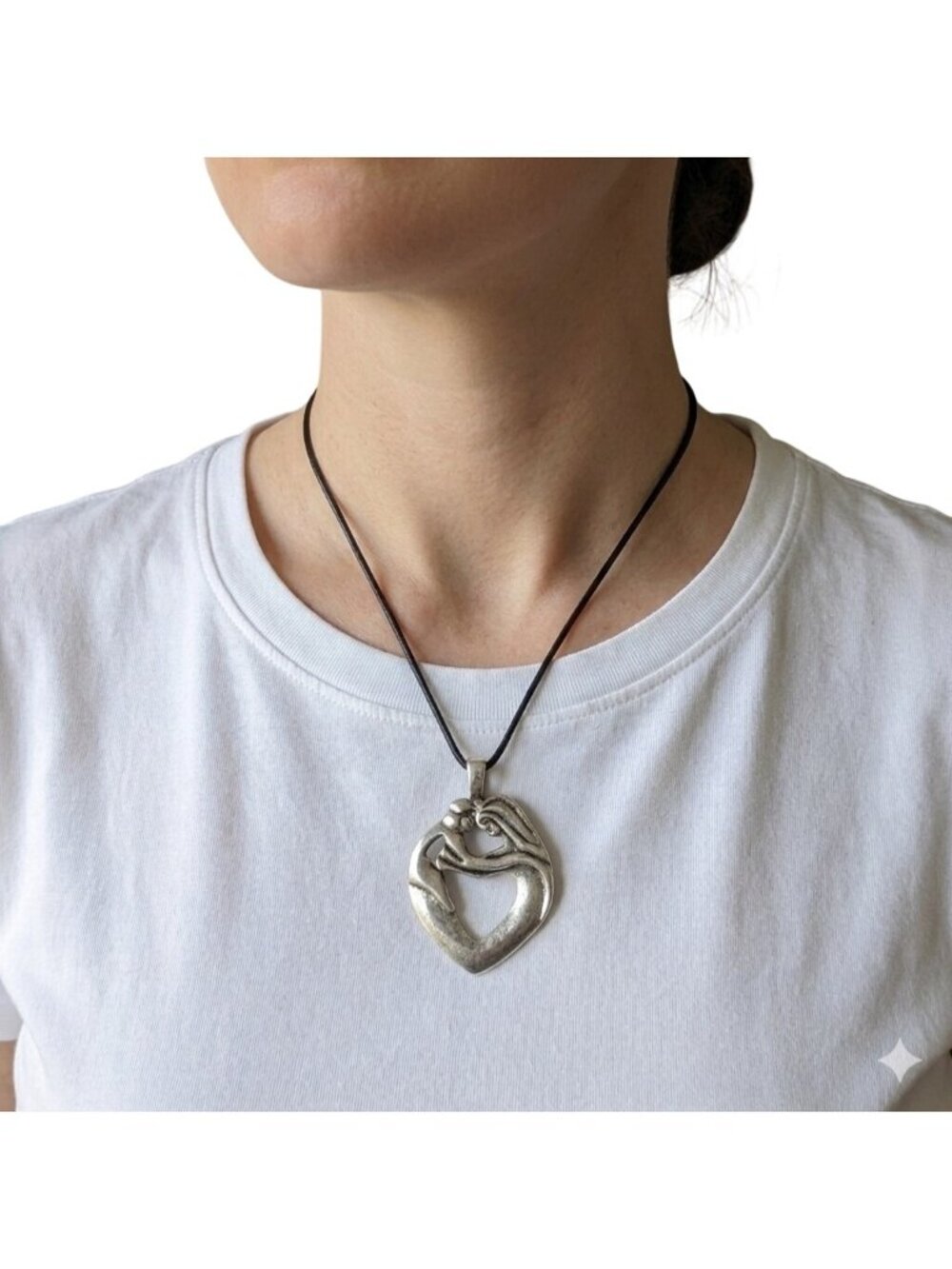 Mother & Child Heart Pendant Necklace VTG New Garold Miller Friends Silver Tone